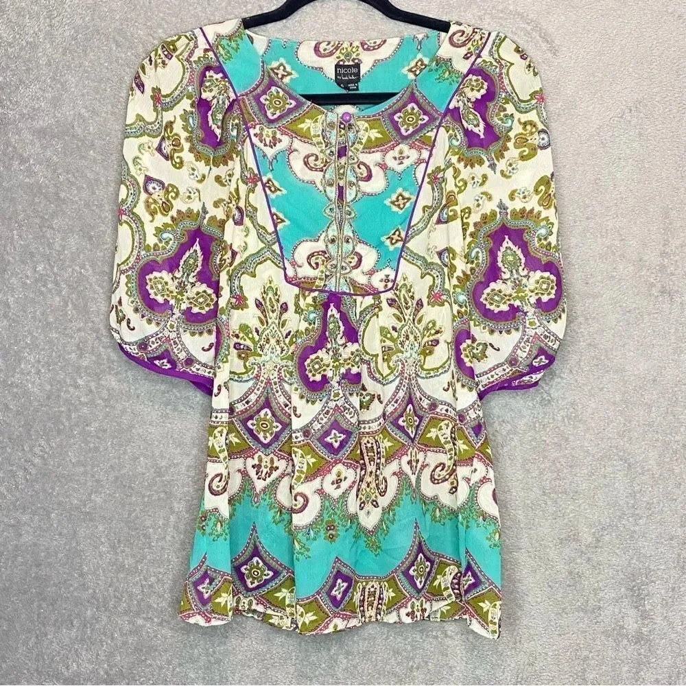 NICOLE Millar 6 Small Top Shirt Green Paisley Short Sleeve Round Neck Keyhole